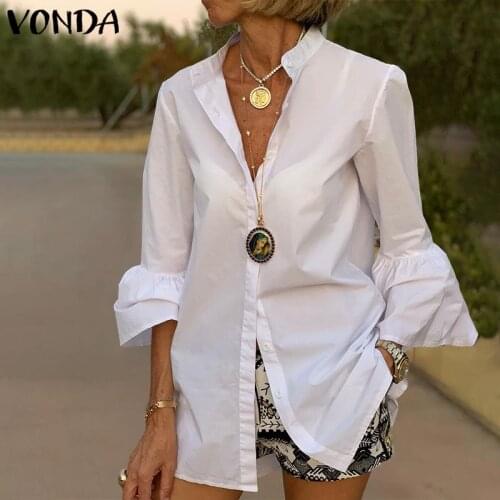 VONDA 3 Colors Women Solid Color Flare Sleeve Tops Spring Sexy V Neck Button Up Office Shirts Bohemian Blusas Femininas Blusas