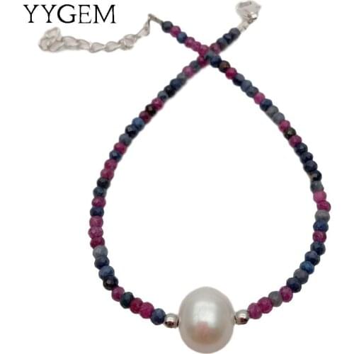 YYGEM Natural Real Pink Ruby Blue Sapphire Cultured White Freshwater Pearl strand Bracelet 8"
