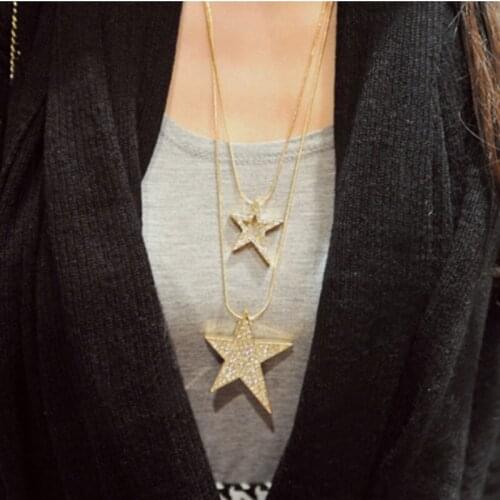 Two layer Long pendant necklace sweater Necklace star pendant white crystal setting gold silver color plated snake Chain