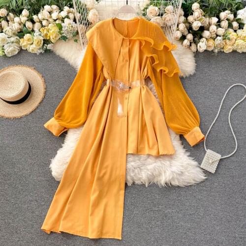 European Runway Women Irregular Shirt Spring Summer Single-Breasted Pleated Ruffles Large Lapel OL Long Blouse Plus Size Tops