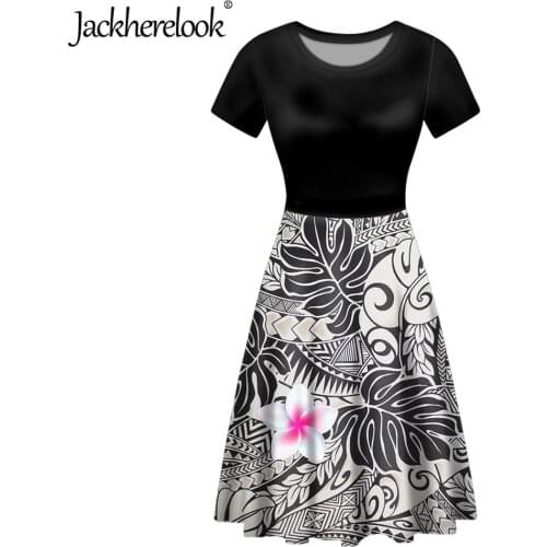Jackherelook Fashion Women Party Dress Polynesian Tribal Floral Print Short Sleeve O-Neck Beach Sundress Hawaii Dresses Vestidos