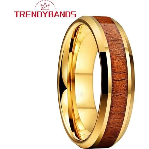 Tungsten Carbide Rings For Men Women Wedding Band 6MM Gold Wood Inlay Polished Shiny