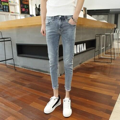Mental guy denim cropped trousers trendy man Korean socially handsome fairy small-footed ankle skinny jeans men length pants