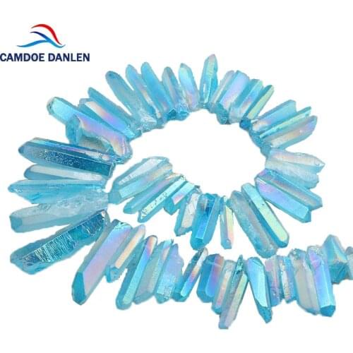 CAMDOE DANLEN Natural Light Blue Titanium Quartz Rock Raw Crystal Pillar Top Drilled Pendant Beads 15" Strand Diy Jewelry Parts