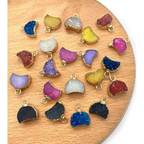 2pcs/pack Moon Shape Charms Natural Crystal Stone Pendants Gold Plated Electroplating DIY for Making Necklace 7 Colors 13x14mm