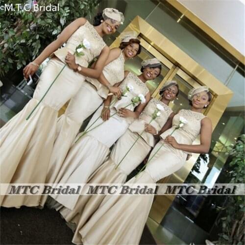 Wholesale Long Mermaid African Bridesmaid Dresses Lace Top Satin Floor Length 2021 Black Women Wedding Party Gowns Plus Size