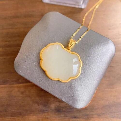 Natural Hetian white jade pendant necklace Chinese style antique palace dragon phoenix pattern luxury noble silver jewelry