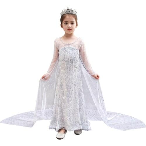 Girls Elza Princess Dress Kids Crystal Sequins Costume with Cloak Children Snow Queen 2 Halloween Party Cosplay Elza Fancy Dress