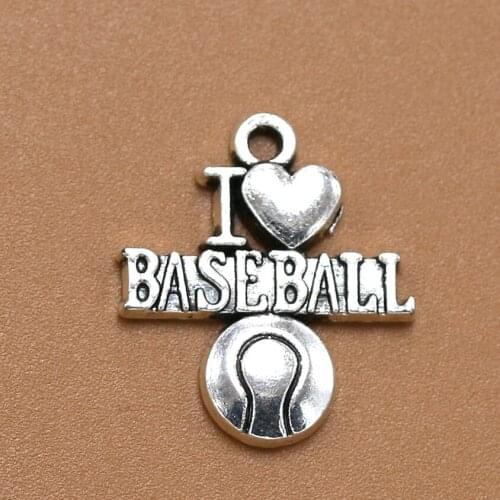 BULK 30 Zinc Alloy Sports Theme I Love Baseball Charms Pendants Antique Silver Plated Assorted Charm DIY Jewelry 19*22mm 2.2g