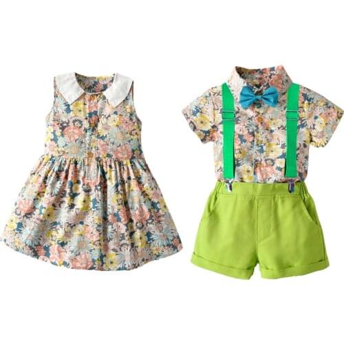 LZH New Baby Boys Clothes Floral Shirt+Overalls Set Baby Girls Dress Summer Kids Beach Brother Sister Suit Children Clothing