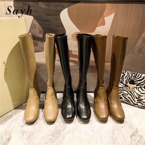 Winter Knee High Boots Women Black Knee High Heels Leather Boots Warm Mordern Boots Low Heels with logo Zipper Shoes