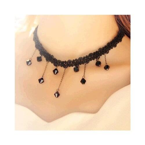 Sexy Elegant Black Lace Crochet Necklace Drop Bead Chain Beautiful Clavicle Pendant Necklace for women collier femme