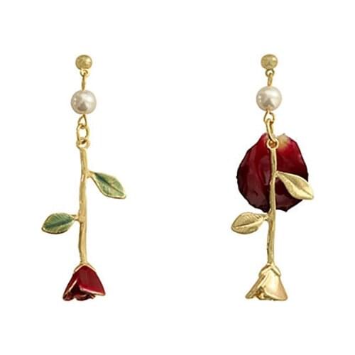 Retro Red Rose Earrings for Women Elegant French Asymmetric Dating Jewelry Friend Gift Stud Clip Korean Earrings Wholesale M4