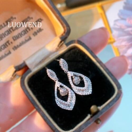 LUOWEND Real 18K Solid White Gold Drop Earrings Female Diamond Earring Engagement Party Jewelry Design
