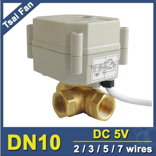 TF10-BH3-C 3 Way Brass 3/8'' DN10 Horizontal Motorized Ball Valve With Indicator T/L Type DC5V 2/3/5/7 Wires Metal Gear