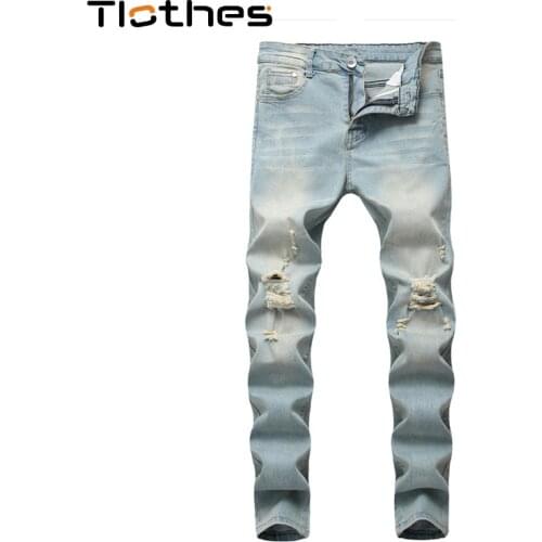Streetwear Skinny Hole Biker Jeans Men Stretch Ripped Denim Pants Slim Fit Motorcycle Jeans Mens Trousers Vintage Denim Pants