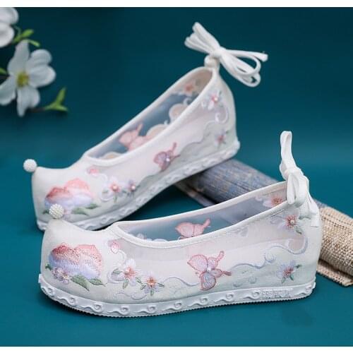 XinHuaEase Summer New Antique Hanfu Shoes Yarn Peach Embroidered Chinese Traditional Style Oriental Womens Ancient Pink White
