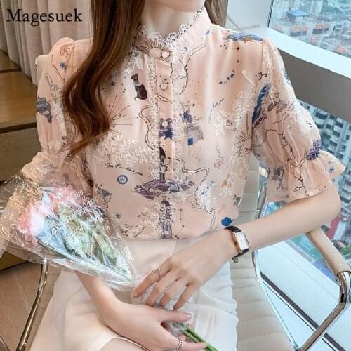 Short Sleeve Chiffon Blouse Women 2021 Summer Lace Embroidery Floral Shirts For Women Stand Collar Lady Office Shirt Tops 15212