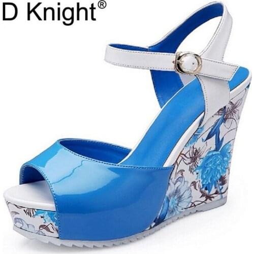 Print Wedges Sandals Women Gladiator Platform Buckle Strap Sandalias Concise Summer High Heel Shoes For Woman Plus Size 31-43
