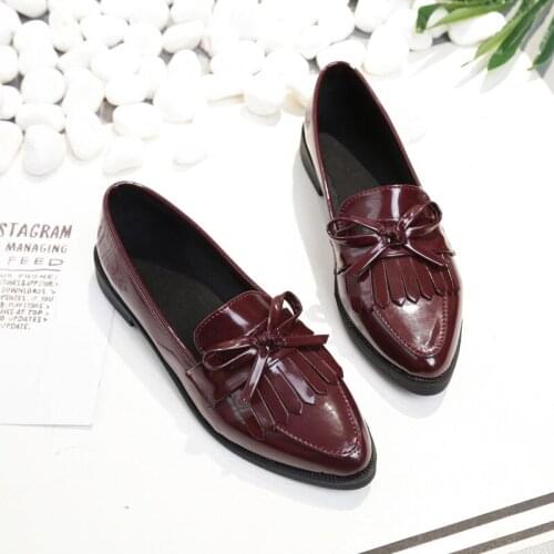 2019 New Brand Woman Casual Shoes Tassel Bow Pointed Toe Black Oxford Shoes Women Flats Comfortable Slip on Women Shoes U6-15
