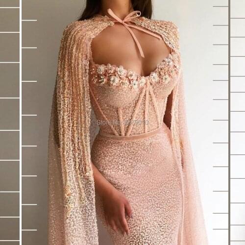 2019 Gorgeous Peach Full-Length Formal Evening Dress Perspective Mermaid Shawl Sweetheart Beaded Sequins Tulle Prom Dress Dubai