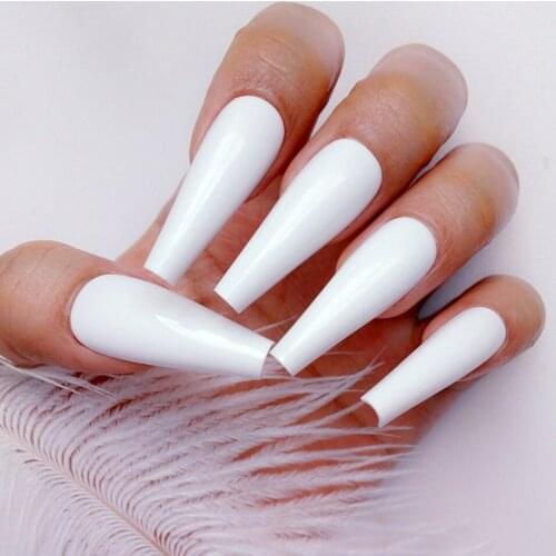 24Pcs Glossy White Long Ballerina Coffin False Nails DIY UV Gel Artificial Fake Nails For Design Lady DIY Manicure Tool