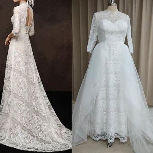 3/4 Sleeves Sheer Lace A Line Wedding Dress High Neck Detachable Tulle Skirt Keyhole 2021 Lace Up Bridal Gown Custom Made 4272