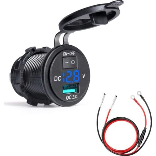 DIY 18W 12V/24V Quick Charge 3.0 USB Car Charger Waterproof on Off Switch Voltmeter 60cm Cable RV ATV Boat Marine Motorcycle