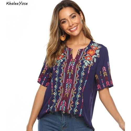 KHALEE YOSE Floral Embroidery Blouses Shirt Cotton Summer Boho Mexican Shirts Short Sleeve Plus Size 2xl 3xl Ethnic Hippie Tops