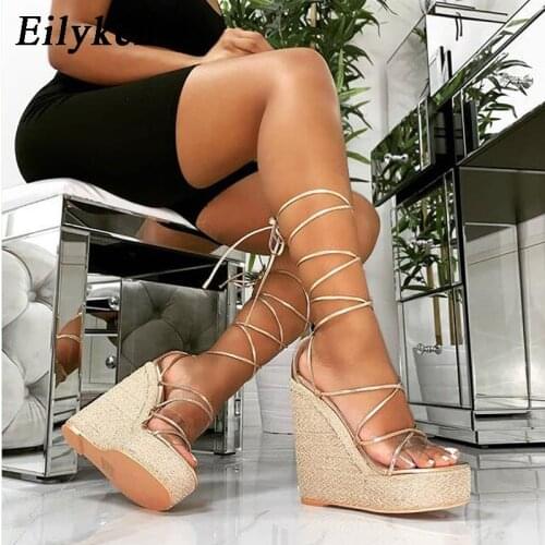 Eilyken Golden Champagne Platform Wedges Women Sandals Lace-Up Rome Sexy Peep Toe Fashion Ladies Casual Sandals Shoes Size 35-42