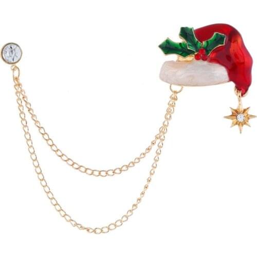 Elegant Pin Gold Color Chain Christmas Hat Star Women Gift Christmas Breast Pin Rhinestone Accessories Jewelry