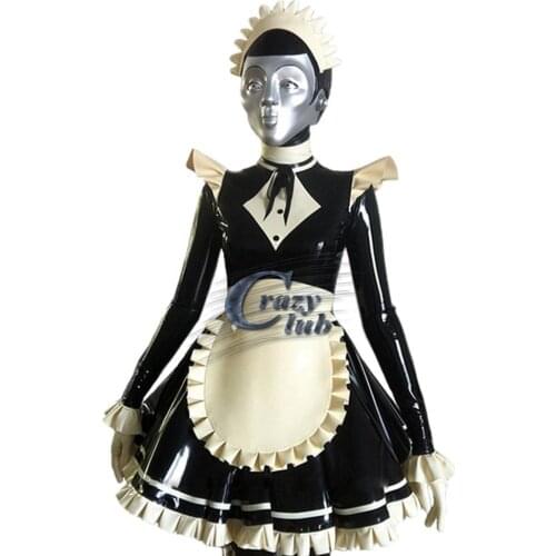 Sex Women Latex Costume maid Exotic Apparel with hat 100% pure natural latex handmade black and white costume rubber dress