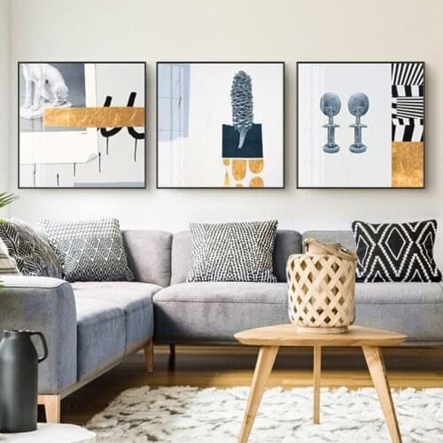 Modern Abstract Blue Golden line landscape Painting Geometry Mountain Canvas Poster Art Wall Picture for Living Room Unframed