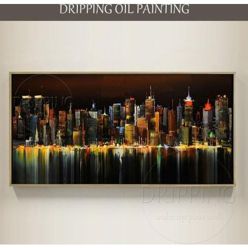 Skilled Artist Hand-painted High Quality Abstract Urban Skyscraper Oil Painting on Canvas Abstract New York Night Oil Painting