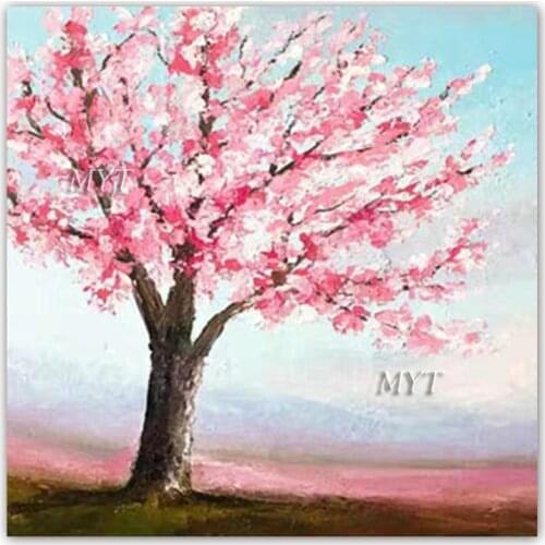 100% Hand-painted Pink Peach Tree Oil Painting Modern Spring Landscape Wall Hangings Art Canvas Artwork For Living Room Decor