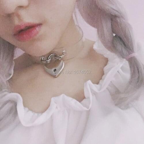 Kawaii Lolita Cosplay Harajuku 100% Handcrafed Gold Heart Lock Choker with Key Padlock Clear PVC Transparent Collar Necklace