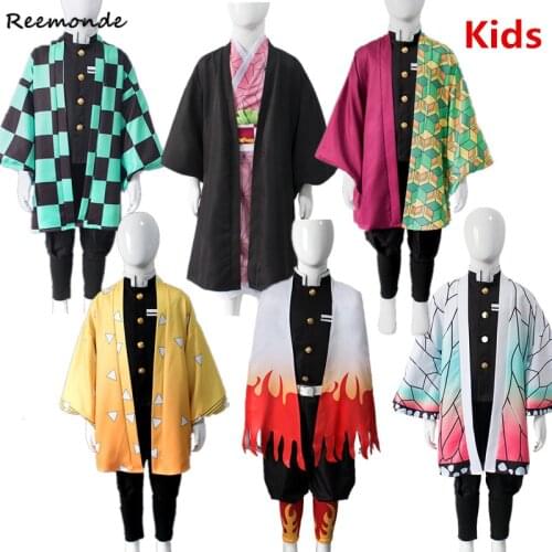 Kids Demon Slayer Kimetsu no Yaiba Cosplay Costume Kimono Agatsuma Zenitsu Tomioka Giyuu Kimono Uniforms Kamado Tanjirou Wigs