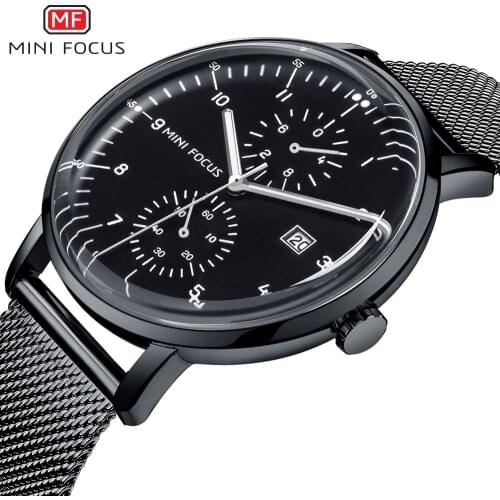 MINI FOCUS Classic Dress Quartz Mens Watches Top Brand Luxury Black Mesh Strap 3 Sub-dial 6 Hands Date Display Ultra Thin Watch