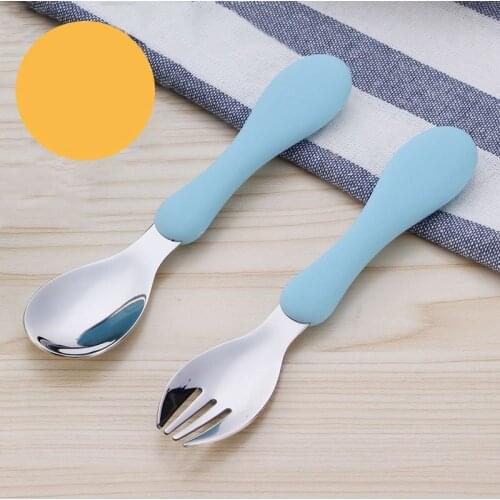 2pcs Cartoon Dinnerware Set Stainless Steel Portable Travel Cutlery Kids Baby Children Fork Spoon Silicone Tableware set