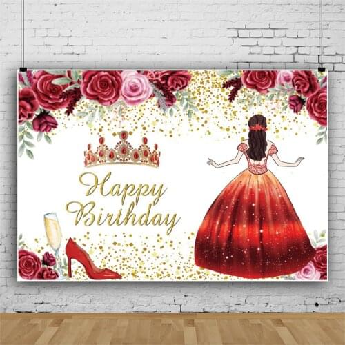 Laeacco Princess Birthday Gold Polka Dot Background For Photography Red Rose High Heels Crown Personalized Poster Photo Backdrop