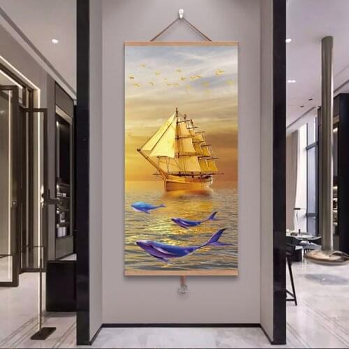 Sailing Boat Golden Ocean Dolphin Wall Art Canvas Posters and Prints Wall Art Picture Decorative Canvas Painting for Living Room