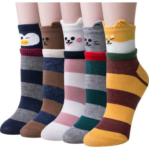 5 Pairs Womens Animal Socks Cute Cartoon Socks Colorful Striped Stockings Autumn Cotton Cartoon Funny Striped Short Socks