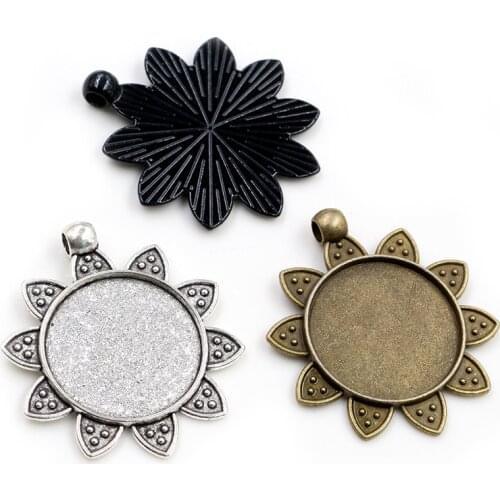 New Fashion 5pcs 25mm Inner Size Bronze Antique Silver Plated Black Sunflower Style Cabochon Base Setting Charms Pendant