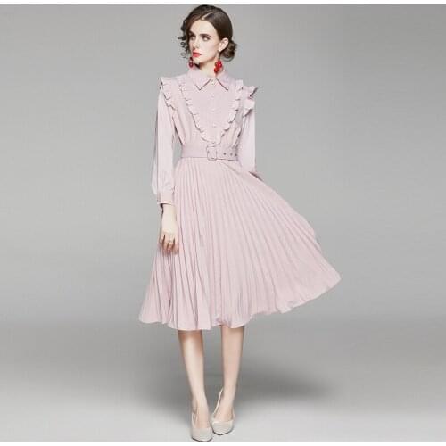2020 New Spring Autumn Women Dress High Quality Fashion Pleated Hem Pink Dress Trimmed With Agaric Laces Send The Belt