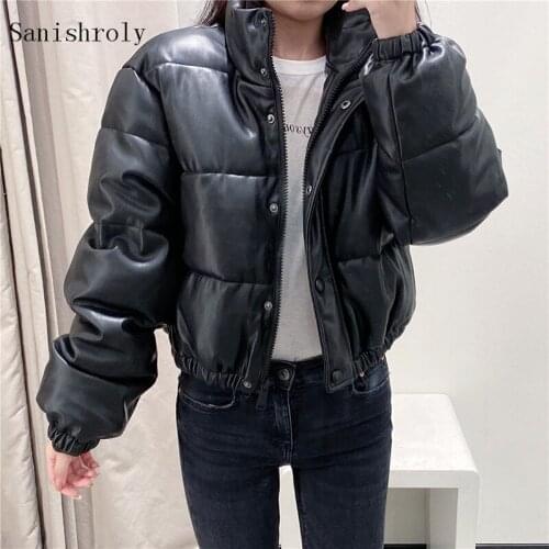 2021 Winter Solid PU Leather Parkas Fashion Black Leather Coats Women Warm Thick Cotton Jackets Female Ladies Short Outwear Tops