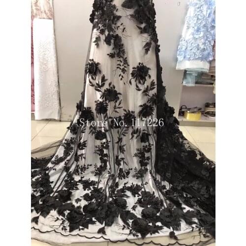 Luxury 3d flower African net lace textile Graceful black French tulle embroidery lace fabric with beads JRB-92720