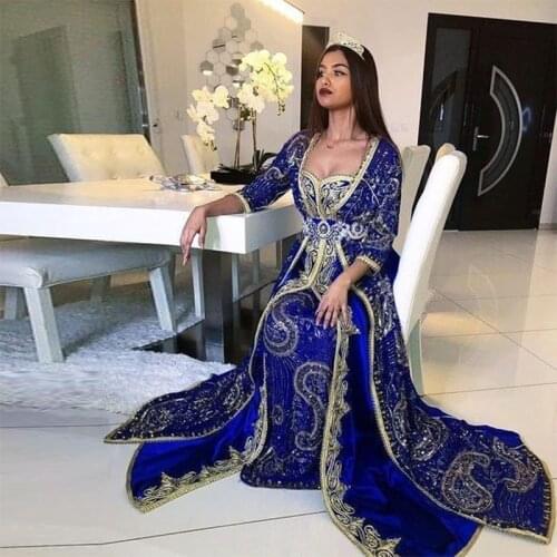 Luxury Blue Moroccan Kaftan Evening Dress Long Sleeve Dubai Women Party Dress Custom Made Plus Size Arabic Beaded Prom Gown