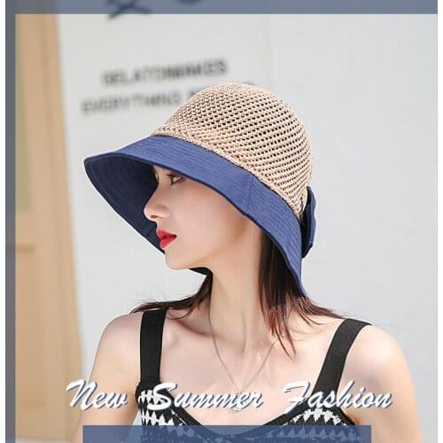 Summer Womens Sun Hat Straw and Cotton Breathable Bucket Hat Lady Female Color Patchwork Outdoor Beach Cap Wiht Bowknot