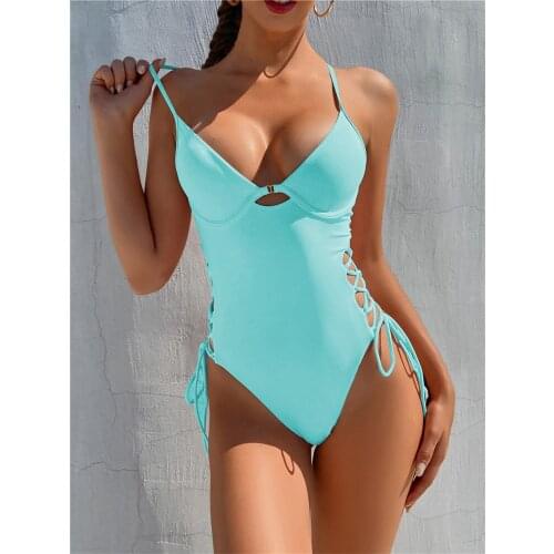 Sexy One-piece Swimsuit Solid Color Sling Mesh Bikini Womens Swimwear Chest Support Hollow Knotted Bodysuit Thong Micro Bikini