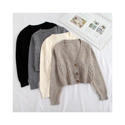 Autumn V Neck Cropped Cardigan Sweaters Women Korean Fashion Single Breasted Short Sweater Coat Casual Long Sleeve Knit Cardigan